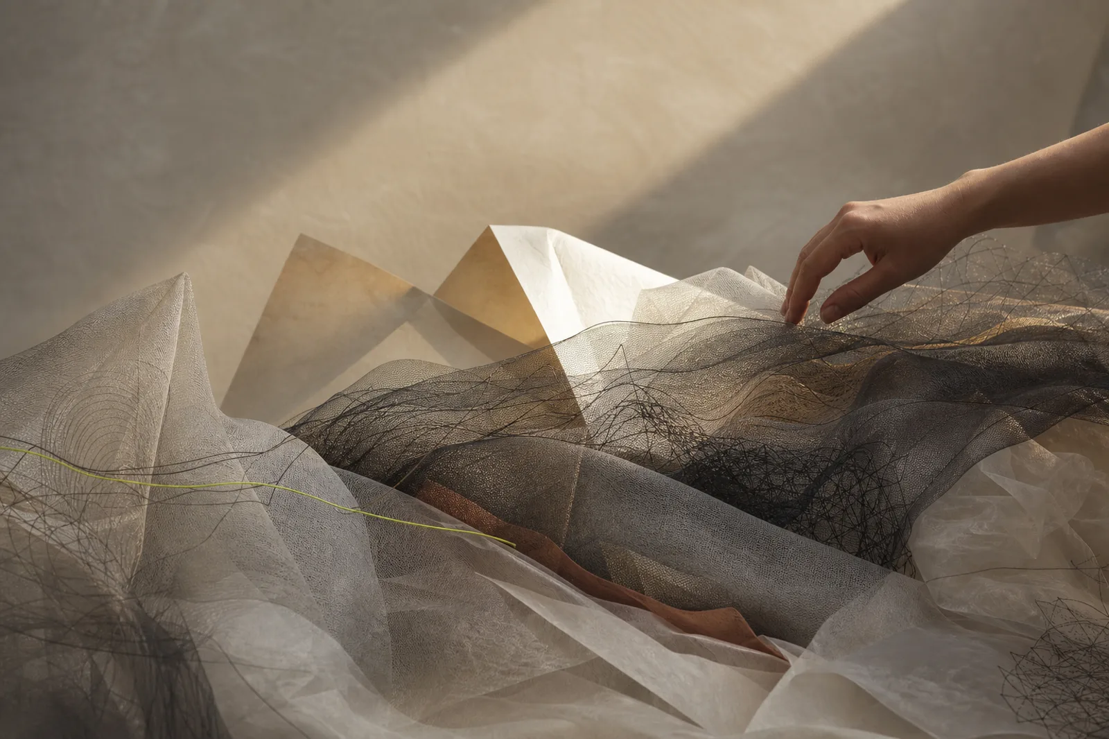 A hand arranging translucent materials and fine threads.