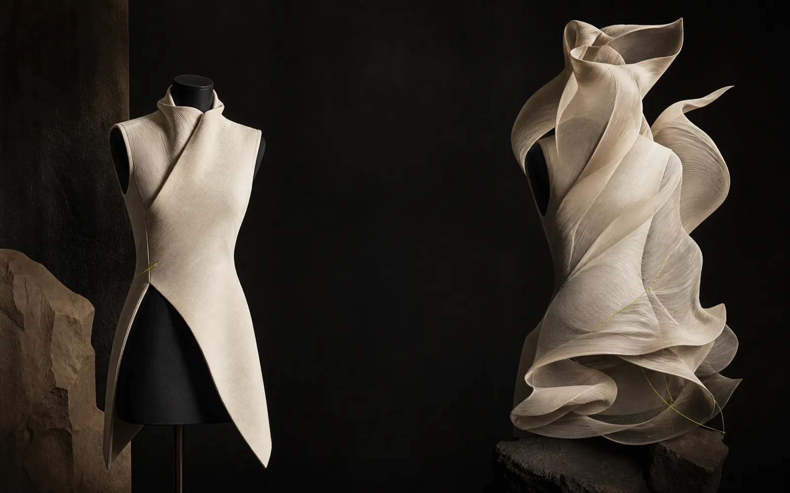 Two sculptural garment states in a dark studio.
